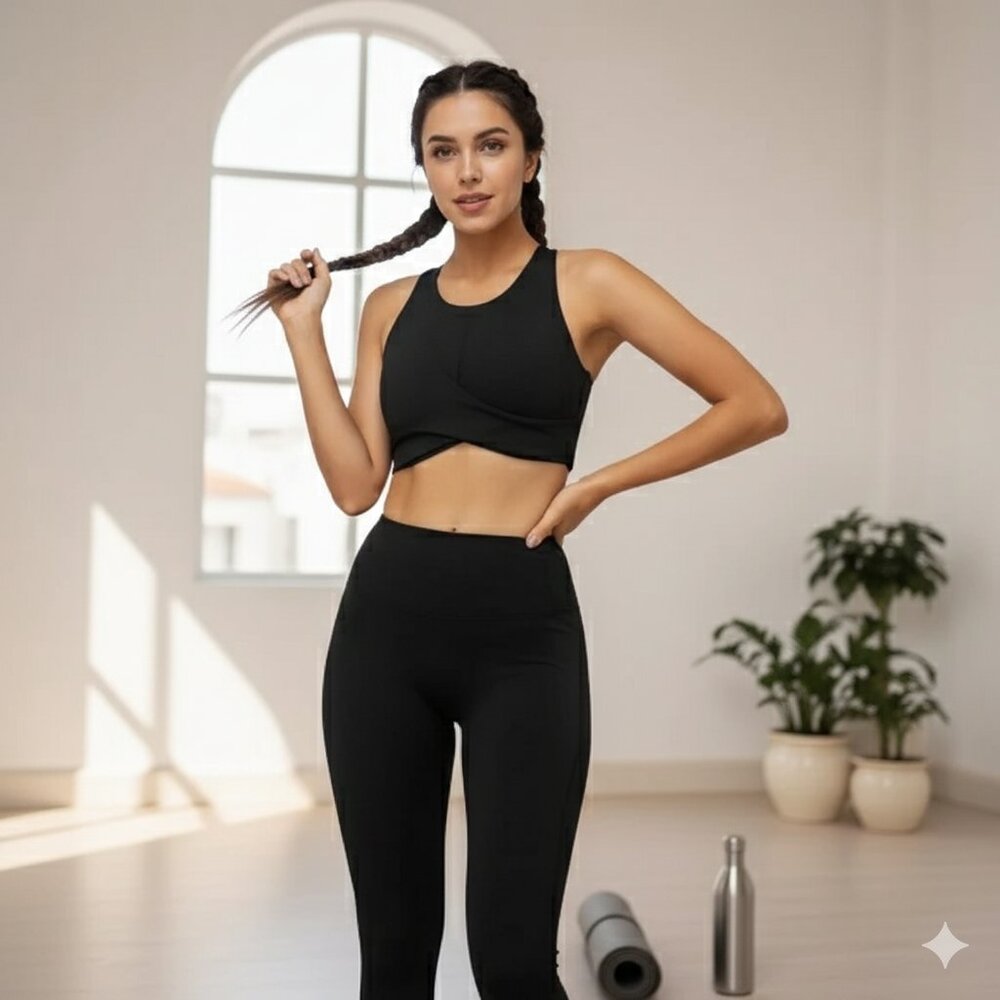 J.ING Carbon Black Cross Front Yoga Sports Bra Top